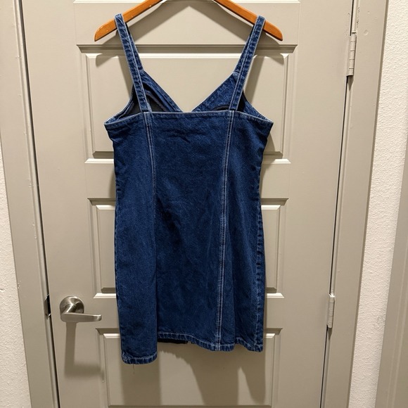 TOPSHOP MOTO Zip Front Denim Dress in Indigo Size 8 Bodycon Mini V-Neck EUC - Picture 3 of 9